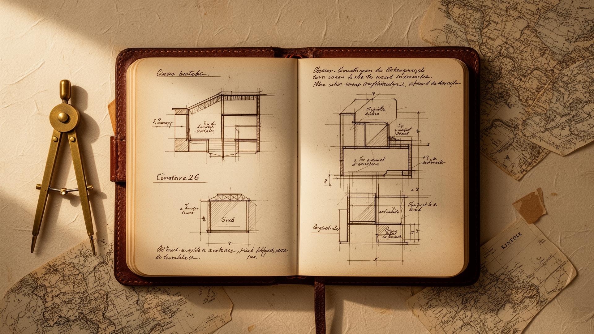 A leather notebook, compass, and architectural notes